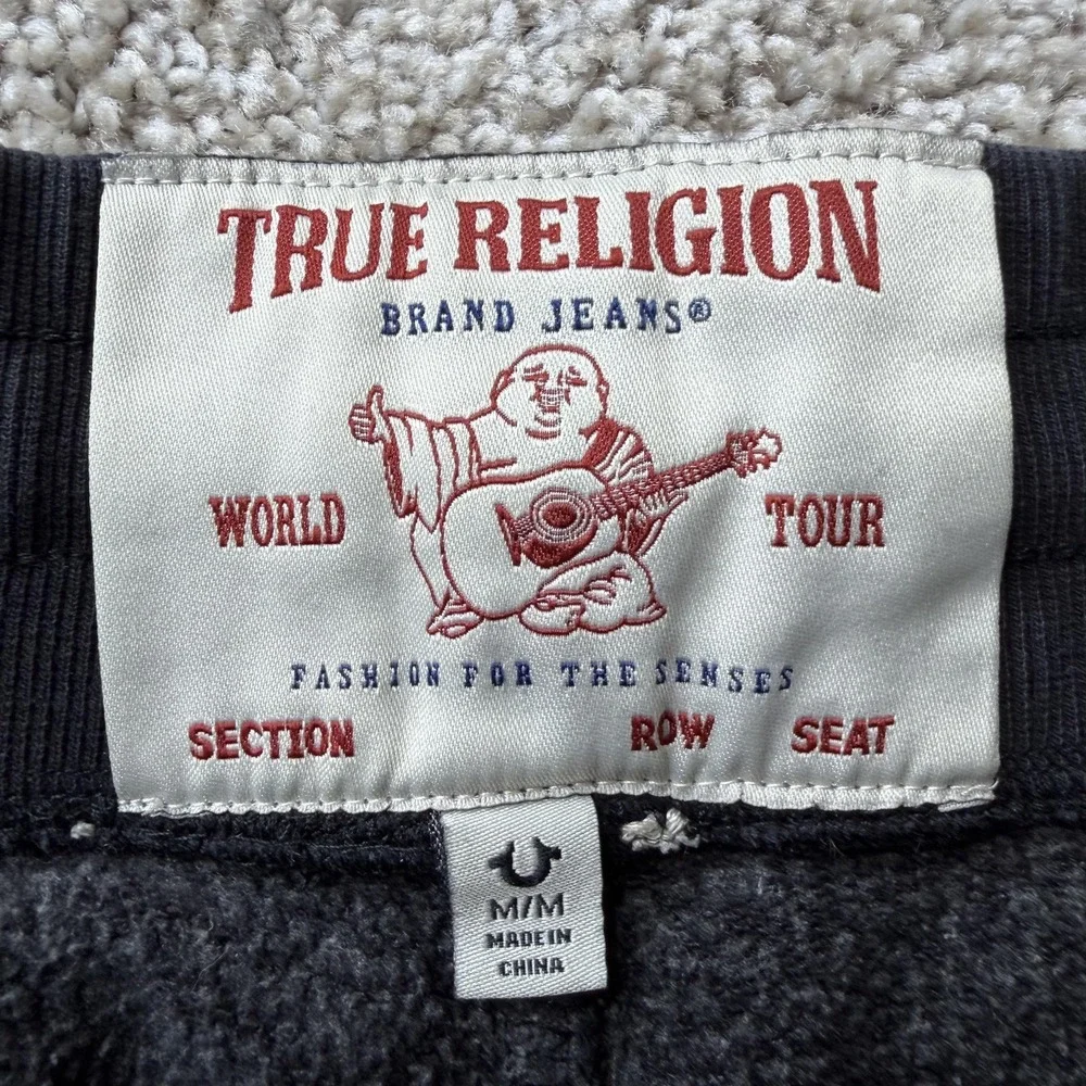 True Religion Jogger Pants Mens Medium Black Fleece Elastic Waist Pockets Logo